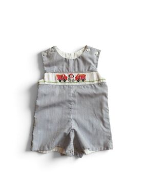 Striped Blue & White Smocked Fire Truck Shortalls for Kids